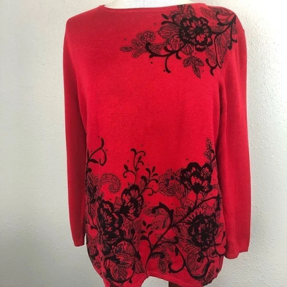 Alfred Dunner Red & Black Long Sleeve Sweater Top